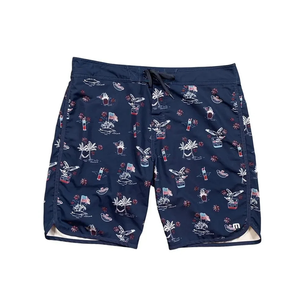 Travis Mathew Board Shorts Mens 36 Blue Sweet Land Of Beer Beach Swim Surf